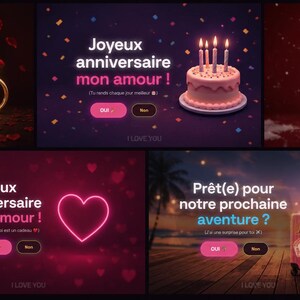 Peut inclure: Un collage numérique de cinq cartes de vœux aux thèmes romantiques et festifs. Les cartes présentent du texte en français, incluant des demandes en mariage, des vœux d'anniversaire, de Noël et des invitations au voyage, avec des icônes comme une bague, un gâteau, un sapin, un cœur et une valise.