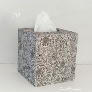 FLORAL TEXTURED TISSUE Box Cover- Embossed Vinyl Flower and Swirl Leaf Design Square Tissue Holder