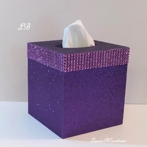 PURPLE GLITTER & DIAMOND Wrap Square Tissue Box Cover-Sparkling Fine Glitter-w/Purple Diamond Wrap Rhinestone Bling