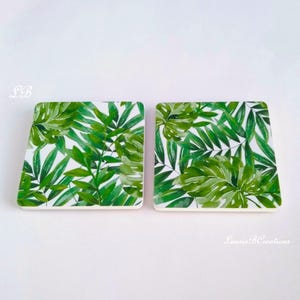 TROPICAL LEAVES DRINK Coasters- Decoupage Green Palm and Monstera Leaves on White Background, coastal, jungle, garden - Set of 2 or 4