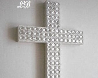 BLING WALL CROSS - Handpainted Wood Cross w/ Sparkling Clear Rhinestones- White or Variety of Colors - 9.5" or 12"