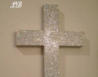 SILVER GLITTER Wall Cross- Decorative, Super Sparkling Octagon/Prisma Glitter- 9.5" or 12"