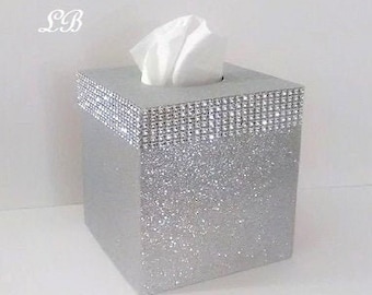 SILVER GLITTER & DIAMOND Wrap Tissue Box Cover-Fine Glitter-w/Silver Diamond Wrap Bling-Sparkling,Square Boutique,Home,Wedding