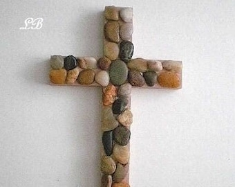 RIVER ROCK Wall Cross - Hand Painted Beige Wood Cross W/ River Pebble Rocks- 12" Natural Stone Cross for Home, Office, Patio