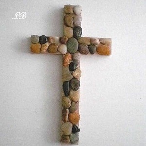 RIVER ROCK Wall Cross - Hand Painted Beige Wood Cross W/ River Pebble Rocks- 12" Natural Stone Cross for Home, Office, Patio