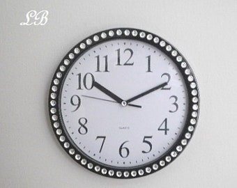 BLING WALL CLOCK - Decorative Round Black and White Clock w/ Sparkling Clear Rhinestones - 9"