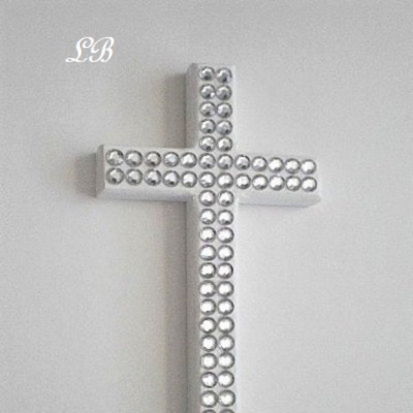 BLING WALL CROSS - Sparkling Handpainted Wood Cross w/ Clear Rhinestones - 8" x 4.5" - Home,Baptism,Easter,Gift