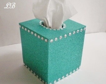 GLITTER & BLING Tissue Box Cover-Sparkling Fine Glitter-Turquoise/Teal or choose from variety of glitter colors w/ Clear Rhinestones