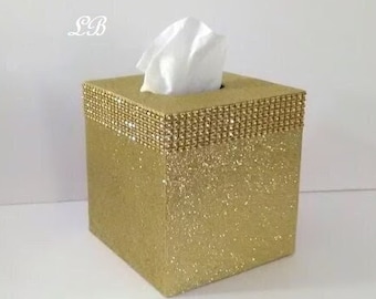 GOLD GLITTER & DIAMOND Wrap Tissue Box Cover-Fine Glitter w/Gold Diamond Wrap Bling,Square Tissue Holder,Sparkling Home Decor