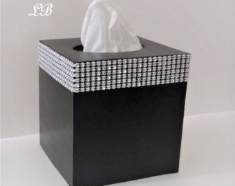 BLING TISSUE BOX Cover - Handpainted In a Variety of Colors w/Silver Diamond Wrap Bling, Home Decor, Office, Wedding