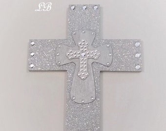 SILVER GLITTER & BLING Wall Cross - Sparkling Silver Prisma Glitter w/Silver and White Clear Rhinestone Center Crosses - 14" x 9"