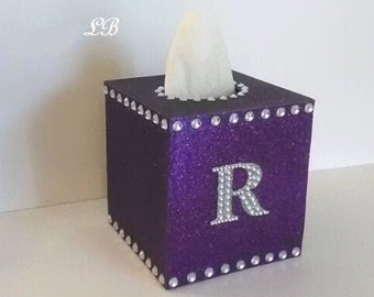 GLITTER & BLING INITIAL Tissue Box Cover-Personalized in a Variety of Colors w/Clear Rhinestones and Bling Monogram Letter A-Z