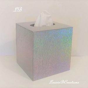 IRIDESCENT SILVER TISSUE Box Cover-Textured Vinyl Tissue Holder - Faux Leather, Square, Bath, Office, Home