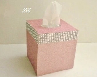 GLITTER & DIAMOND WRAP Tissue Box Cover-Blush Pink/Rose Fine Glitter or a Variety of Colors-w/Silver Diamond Wrap Rhinestone Bling,