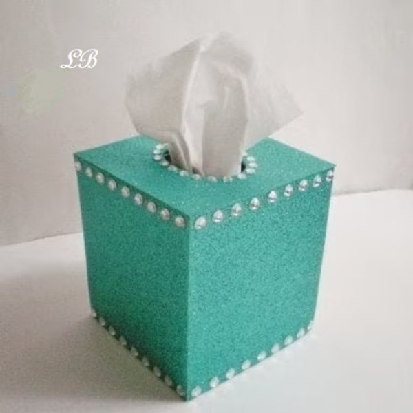 GLITTER & BLING TISSUE Box Cover-Sparkling Fine Glitter in Turquoise or a Variety of Glitter Colors w/ Clear Rhinestones