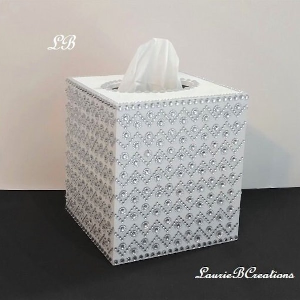 BLING TISSUE BOX Cover- White w/Sparkling Jeweled Rhinestone Bling,Handpainted Tissue Holder,Home Decor,Wedding,Boutique,Office,Bath