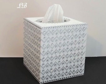 BLING TISSUE BOX Cover- White w/Sparkling Jeweled Rhinestone Bling,Handpainted Tissue Holder,Home Decor,Wedding,Boutique,Office,Bath