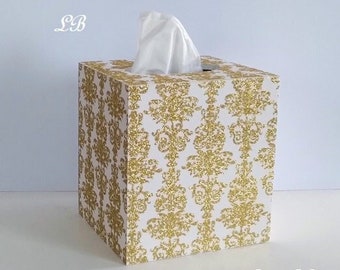 WHITE & GOLD DAMASK Tissue Box Cover - White w/ Sparkling Gold Glitter Design, Square Tissue Holder, Home, Office, Holiday