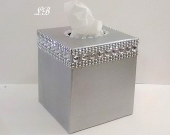 BLING TISSUE BOX Cover-Handpainted Metallic Silver or Variety of Colors-w/Clear Rhinestones and Silver Diamond Wrap-Square,Home,Bath,Wedding