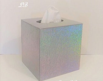 IRIDESCENT SILVER TISSUE Box Cover-Textured Vinyl Tissue Holder - Faux Leather, Square, Bath, Office, Home