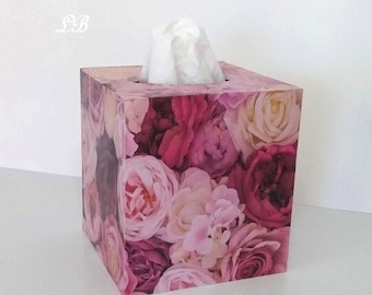 PINK ROSES TISSUE Box Cover- Floral Decoupage Square Tissue Holder