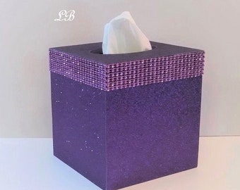 PURPLE GLITTER & DIAMOND Wrap Square Tissue Box Cover-Sparkling Fine Glitter-w/Purple Diamond Wrap Rhinestone Bling