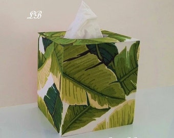 PALM LEAF TISSUE Box Cover - Wood Tissue Holder w/Tropical Leaf Print Fabric