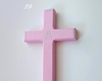 PERSONALIZED BLING CROSS - Handpainted Wood Wall Cross w/ Clear Rhinestones and Letter/Initial in A-Z, Home,Gift,Baptism,Nursery,Easter