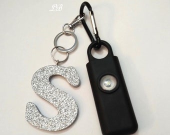 GLITTER LETTER & ALARM Safety Keychain Set -130 Decibel Alarm w/350 Lumen Strobe Light and Glitter Initial/Letter or purse charm