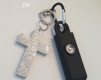 GLITTER CROSS & ALARM Keychain Safety Set -130 Decibel Personal Safety Alarm w/Strobe Light and Handmade Silver Prisma Glitter Cross