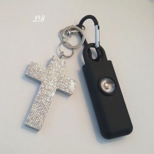 GLITTER CROSS & ALARM Keychain Safety Set -130 Decibel Personal Safety Alarm w/Strobe Light and Handmade Silver Prisma Glitter Cross