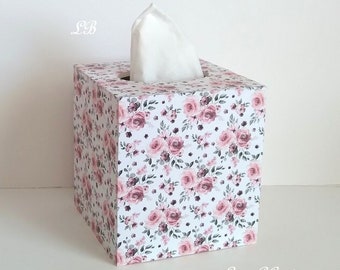 PINK ROSE FLORAL Tissue Box Cover - Decoupage white with small roses and leaves in watercolor style print