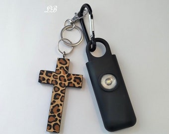 CHEETAH CROSS & ALARM Keychain Safety Set-130 Decibel Alarm w/ Strobe Light and Handmade Cheetah/Leopard Cross or Purse Charm, Gift