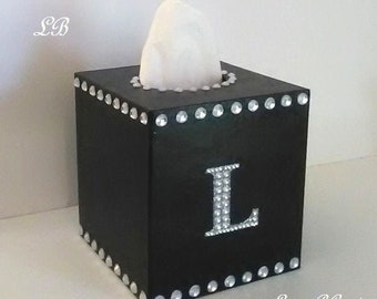 BLING INITIAL TISSUE Box Cover- Handpainted in a Variety of Colors w/Clear Rhinestones and Personalized Glitter & Bling Letter,Monogram A-Z