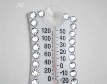 BLING THERMOMETER - Sparkling Mini Indoor/Outdoor Thermometer White w/Clear Rhinestones