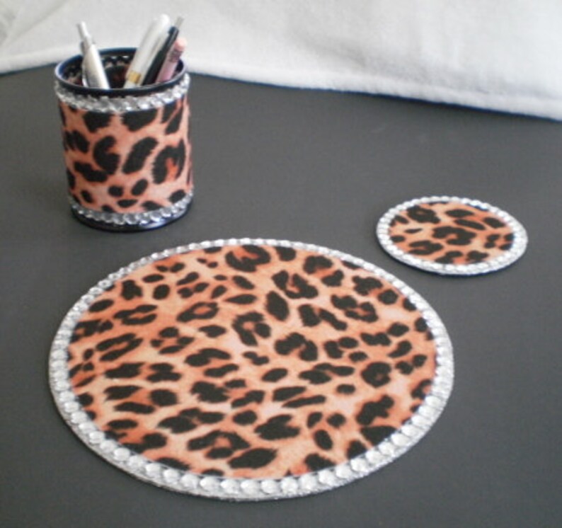 Animal Print Bling Computer Desk Set Cheetah W Clear Rhinestones