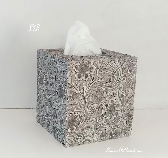 FLORAL TEXTURED TISSUE Box Cover- Embossed Vinyl Flower and Swirl Leaf Design Square Tissue Holder