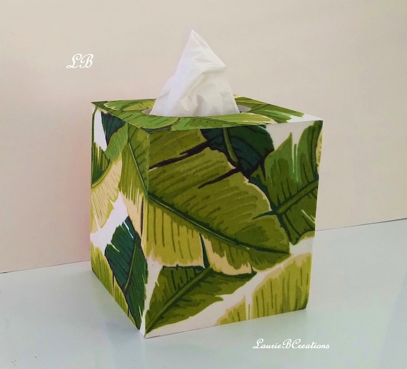 PALM LEAF TISSUE Box Cover - Square Tissue Holder with Tropical Banana Leaves Print