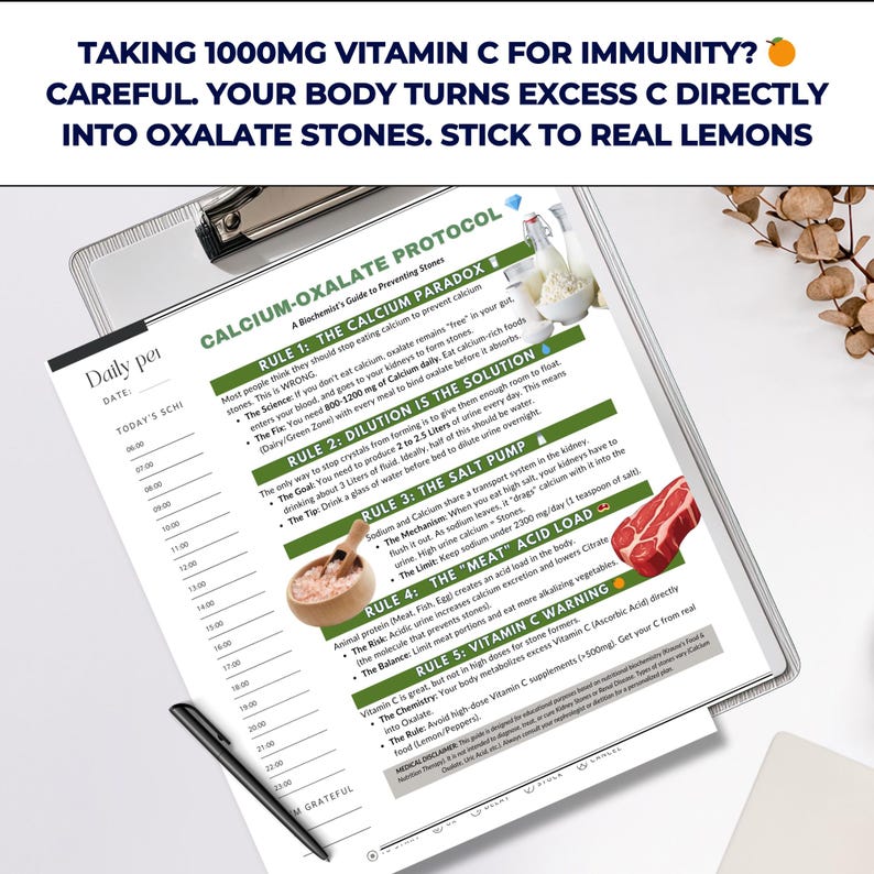May include: A detailed document with the title "Calcium-Oxalate Protocol" is displayed on a clipboard. The document provides information on preventing kidney stones, with text and illustrations. A black pen rests on the document. The top of the document has the text: "TAKING 1000MG VITAMIN C FOR IMMUNITY? CAREFUL. YOUR BODY TURNS EXCESS C DIRECTLY INTO OXALATE STONES. STICK TO REAL LEMONS."