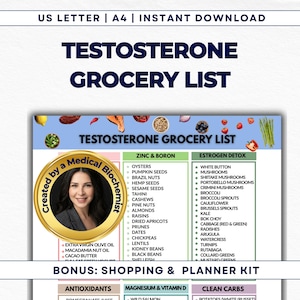 Puede incluir: Una lista de compras imprimible titulada "Testosterone Grocery List" con alimentos categorizados por Zinc & Boro, Desintoxicación de estrógenos, Antioxidantes, Magnesio y Vitamina D y Carbohidratos limpios. Diseñado para tamaños de papel US Letter y A4.