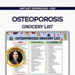 Op de afbeelding: Een kleurrijke boodschappenlijst voor osteoporose, met secties voor zuivel, groenten en fruit. De lijst bevat items als Griekse yoghurt, boerenkool, sinaasappels en aardbeien. Het document is gelabeld "Direct downloaden PDF."