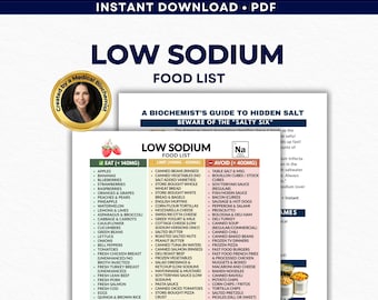 Puede incluir: Una lista de alimentos bajos en sodio con una guía sobre la sal oculta, con una lista de alimentos para comer y evitar. El documento incluye una foto de un bioquímico médico y una lista de alimentos con límites de sodio.