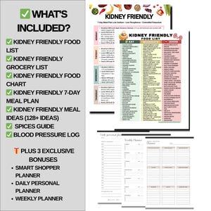 Op de afbeelding: Een uitgebreide gids voor nier-vriendelijk eten, met een 7-daags maaltijdplan, voedsel lijsten en een bloeddruk logboek. Inclusief een boodschappenlijst, maaltijd idee&euml;n en een kruiden gids, plus dagelijkse en wekelijkse planners.