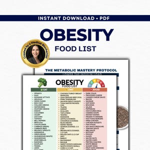 Puede incluir: Una lista de alimentos titulada "OBESITY" con secciones "EAT", "LIMIT" y "AVOID". La lista incluye verduras, carnes y alimentos procesados. La imagen también contiene el texto "INSTANT DOWNLOAD • PDF".