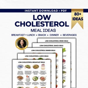 Könnte beinhalten: Ein digitaler Download mit dem Titel "Low Cholesterol Meal Ideas" mit dem Text "Instant Download PDF". Das Bild zeigt ein goldenes Banner mit "80+ Ideen". Das Dokument enthält Mahlzeitenideen für Frühstück, Mittagessen, Snack, Abendessen und Getränke.