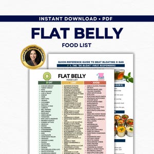 May include: A food list titled "Flat Belly" with sections for foods to eat, limit, and avoid. The list includes fruits, vegetables, and other foods, with a quick-reference guide to beat bloating and gas.