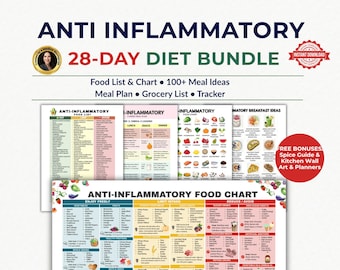 May include: A 23-page printable anti-inflammatory 28-day diet bundle featuring a food list, meal plan, grocery list, and tracker. The documents include charts with food categories, meal ideas, and a spice guide, presented in a clear, organized layout.
