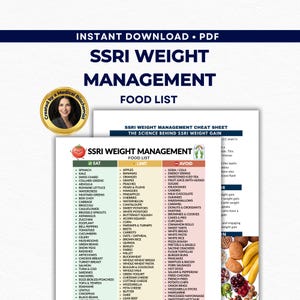 Pode incluir: Um PDF para download intitulado "SSRI Weight Management" com uma lista de alimentos. A lista categoriza alimentos para comer, limitar e evitar, com a foto de um profissional médico em um círculo dourado. O documento foi projetado para ajudar no ganho de peso.