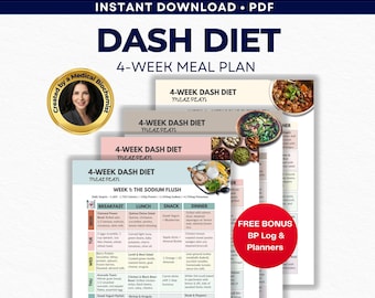 DASH Diet Meal Plan PDF – 4 Week High Blood Pressure Diet, Low Sodium Weekly Menu, Heart Healthy Meal Planner, Hypertension Diet Plan
