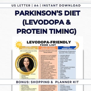May include: A printable guide titled "Parkinson's Diet (Levodopa & Protein Timing)" with a food list, daytime and evening dietary guidelines, and a shopping and planner kit. The guide is designed to help people with Parkinson's disease.